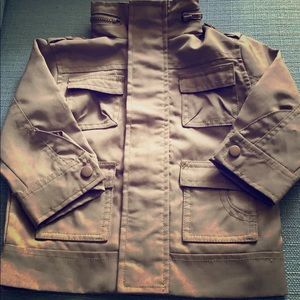 French Toast olive green jacket with hidden hood.